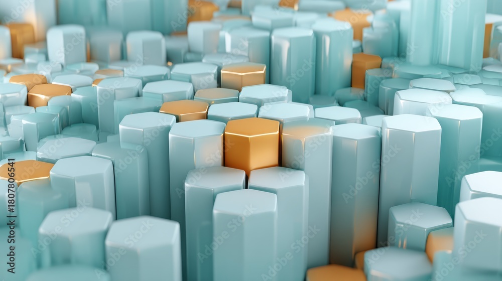 Obraz premium Abstract 3D hexagon pillars pattern with gold accents on turquoise grid. AI generative