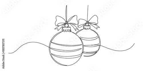 Hand-drawn Christmas baubles with ribbons in continuous line art style, representing festive holiday decorations and minimalist seasonal creativity