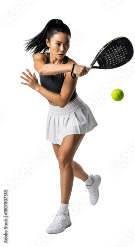 Young Asian woman playing padel with intense focus, transparent background