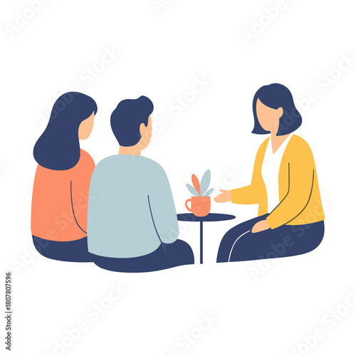 Supportive couple meeting counselor at round table in flat illustration style, representing relationship therapy and emotional communication