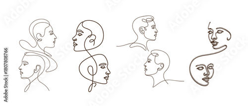 Minimalist Continuous Line Set of Human Profile Portraits and Heads