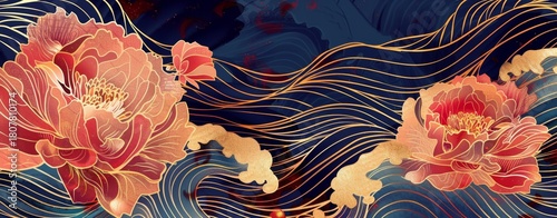 Luxury oriental style background Chinese and Japanese oriental line art with golden texture