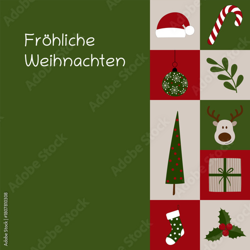 Fröhliche Weihnachten - Schriftzug in deutscher Sprache. Quadratische Grußkarte mit Weihnachtssymbolen.