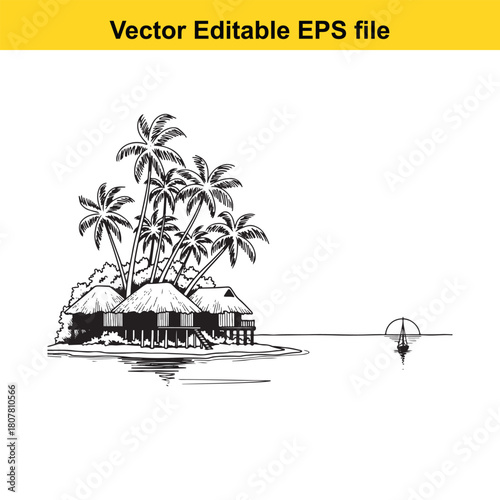 Hand drawn vector illustration of a tropical island with palm trees and bungalows black and white drawing of a paradise isolated on