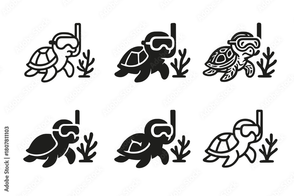 Fototapeta premium Adventure Pet Icons. Pets in various outdoor adventures. Icon set. Set Logo of Pets in various outdoor adventures: turtle with snorkel and coral. harmonious