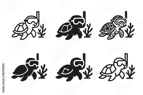 Adventure Pet Icons. Pets in various outdoor adventures. Icon set. Set Logo of Pets in various outdoor adventures: turtle with snorkel and coral. harmonious