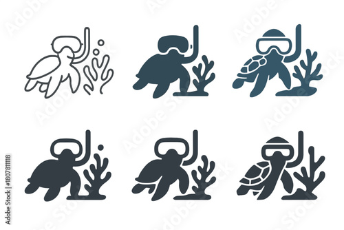 Adventure Pet Icons. Pets in various outdoor adventures. Icon set. Set Logo of Pets in various outdoor adventures: turtle with snorkel and coral. harmonious