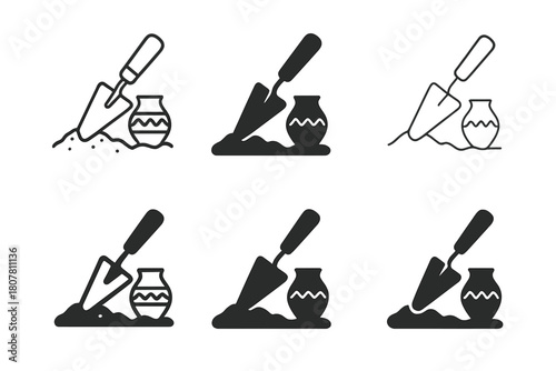 Archaeological Preservation Icons. Cultural, historical, and scientific preservation efforts. Icon set. Set Logo of archaeological research: excavation tool.
