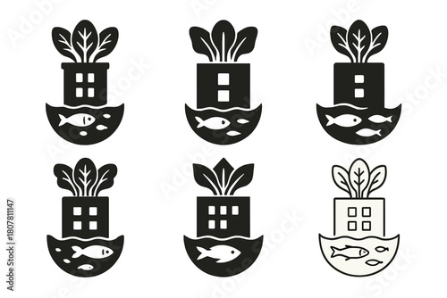 Aquaponics Icon Series. Growing food with aquaponics in a small urban apartment. Icon set. Set Logo of growing food with aquaponics in a small urban apartment:
