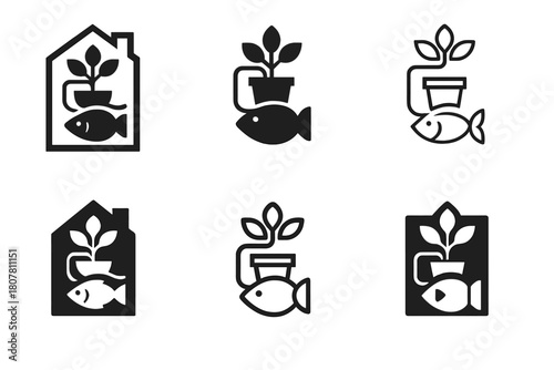 Aquaponics Icon Set. Growing food with aquaponics in a small urban apartment. Icon set. Set Logo of growing food with aquaponics in a small urban apartment: