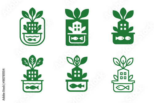 Aquaponics Icon Series. Growing food with aquaponics in a small urban apartment. Icon set. Set Logo of growing food with aquaponics in a small urban apartment: