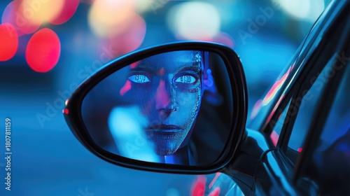 A robotic face reflected in a car's side mirror, symbolizing the future of autonomous robotic taxis in urban environments