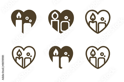 Artisan Candle & Soap Icons. Handmade candles and soap making. Icon set. Set Logo of artisan brand: candle and soap emblem with heart shape. harmonious logo