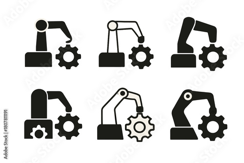Automation Logo Variations. Digital transformation in business. Icon set. Set Logo of automation: robotic arm with gear. harmonious logo variations of the same