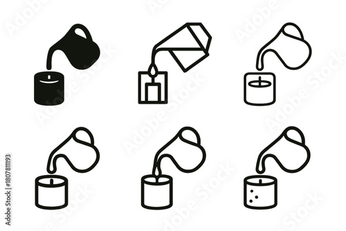 Artistic Candle-Making Logos. Handmade candles and soap making. Icon set. Set Logo of pouring wax: jug pouring liquid into candle mold. harmonious logo