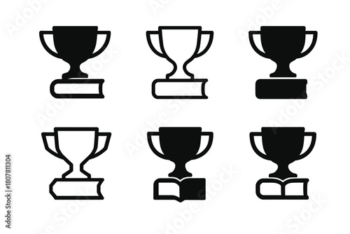 Best-Seller Trophy Icons. Best-seller lists. Icon set. Set Logo of best-sellers: trophy and book. harmonious logo variations of the same emblematic concept,