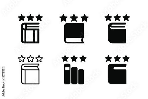 Best-Seller Logo Set. Best-seller lists. Icon set. Set Logo of best-sellers: ranking stars and book spine. harmonious logo variations of the same emblematic
