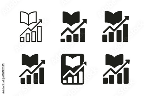 Bestseller Logos Variety. Best-seller lists. Icon set. Set Logo of best-sellers: chart with rising book icon. harmonious logo variations of the same emblematic