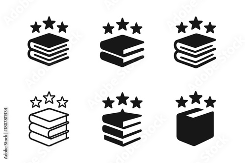 Best-Seller Logo Set. Best-seller lists. Icon set. Set Logo of best-sellers: ranking stars and book spine. harmonious logo variations of the same emblematic