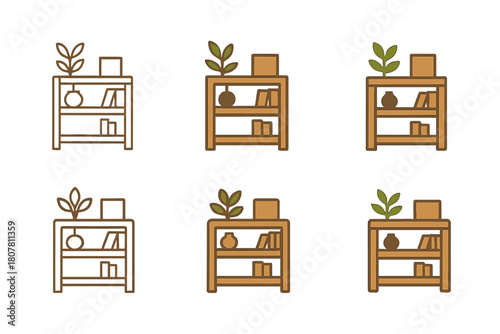 Bookshelf Icon Variations. A modern bookshelf with clean lines and a wood finish. Icon set. Set Logo of A modern bookshelf with clean lines and a wood finish: