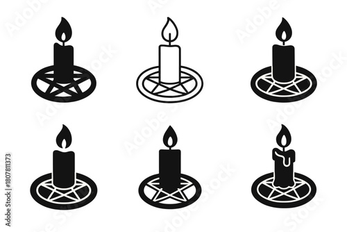 Candle Magic Icons. Candle magic. Icon set. Set Logo of cleansing flame: candle with smoke rising into stars. harmonious logo variations of the same emblematic