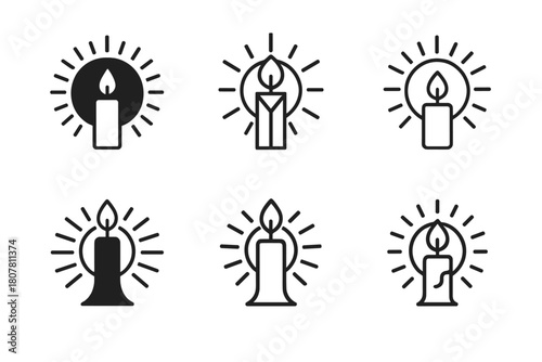 Candle Magic Icons. Candle magic. Icon set. Set Logo of cleansing flame: candle with smoke rising into stars. harmonious logo variations of the same emblematic