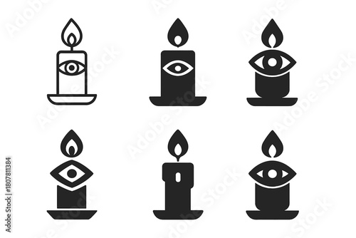 Candle Magic Icons. Candle magic. Icon set. Set Logo of cleansing flame: candle with smoke rising into stars. harmonious logo variations of the same emblematic