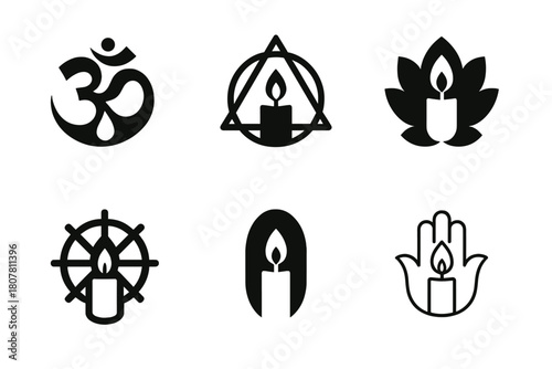 Candle Symbol Logos. Candle magic. Icon set. Set Logo of divine connection: candle merging with spiritual symbol. harmonious logo variations of the same