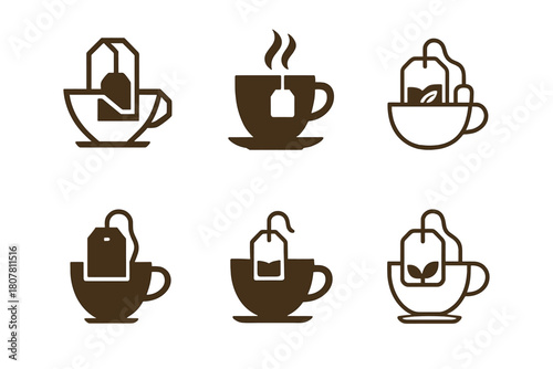 Coffee and Tea Icons. Coffee and tea. Icon set. Set Logo of coffee and tea: coffee bean. harmonious logo variations of the same emblematic concept, each with