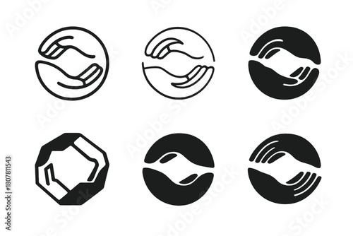 Collaborative Emblem Variations. Teamwork in motion. Icon set. Set Logo of support: helping hands. harmonious logo variations of the same emblematic concept,