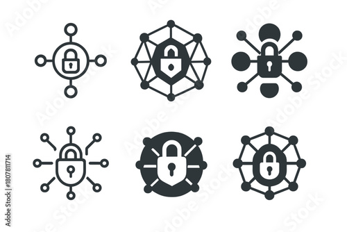 Cybersecurity Logo Variations. How to improve cybersecurity. Icon set. Set Logo of cybersecurity: key and digital lock. harmonious logo variations of the same