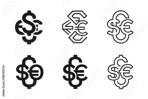 Currency Chain Logos. Bonds and securities. Icon set. Set Logo of financial link: chain made of currency symbols. harmonious logo variations of the same