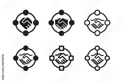 Digital Collaboration Icons. Digital collaboration platforms. Icon set. Set Logo of collaboration: handshake and network. harmonious logo variations of the