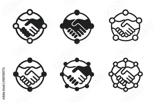 Digital Collaboration Icons. Digital collaboration platforms. Icon set. Set Logo of collaboration: handshake and network. harmonious logo variations of the