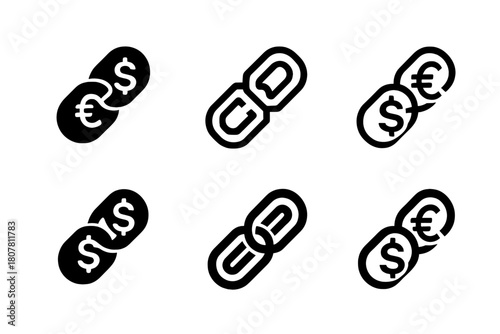 Currency Chain Logos. Bonds and securities. Icon set. Set Logo of financial link: chain made of currency symbols. harmonious logo variations of the same