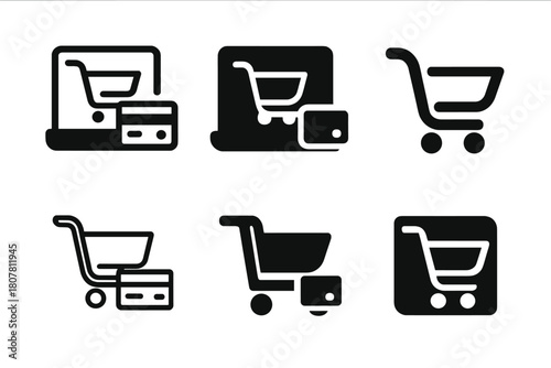 E-commerce Icons Grid. E-commerce platforms and online sales. Icon set. Set Logo of e-commerce: delivery box and arrow. harmonious logo variations of the same