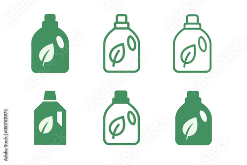 Eco Cleaning Icons. Using Eco-Friendly Cleaning Products. Icon set. Set Logo of Eco Cleaning: spray bottle with leaf symbol. harmonious logo variations of the