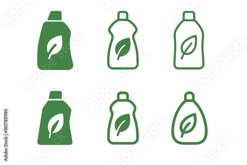Eco Cleaning Icons. Using Eco-Friendly Cleaning Products. Icon set. Set Logo of Eco Cleaning: spray bottle with leaf symbol. harmonious logo variations of the