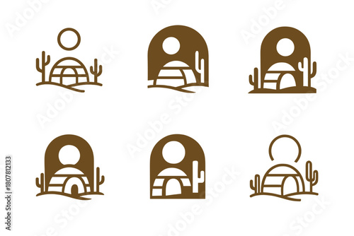 Eco-Lodge Logo Set. Themed eco-lodges and off-grid retreats. Icon set. Set Logo of themed eco-lodges and off-grid retreats: desert eco-pod. harmonious logo