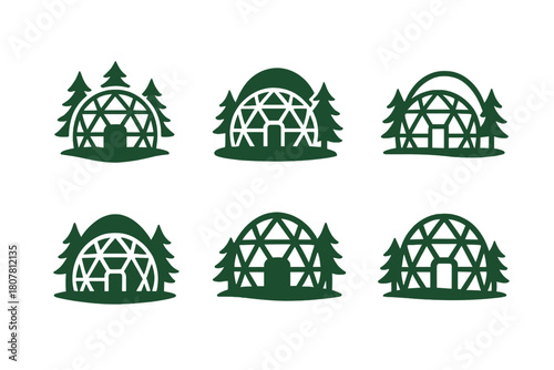 Eco-Lodge Logo Variations. Themed eco-lodges and off-grid retreats. Icon set. Set Logo of themed eco-lodges and off-grid retreats: solar-powered cabin.