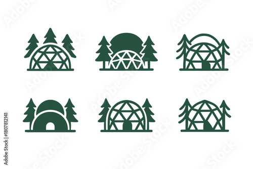 Eco-Lodge Logo Variations. Themed eco-lodges and off-grid retreats. Icon set. Set Logo of themed eco-lodges and off-grid retreats: solar-powered cabin.