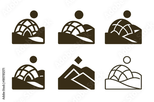 Eco-Lodge Logo Set. Themed eco-lodges and off-grid retreats. Icon set. Set Logo of themed eco-lodges and off-grid retreats: desert eco-pod. harmonious logo