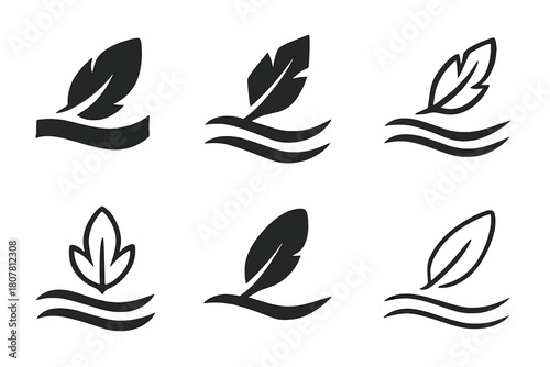 Fabric Care Logos. Laundry and clothing hygiene. Icon set. Set Logo of soft fabric: feather floating over fabric wave. harmonious logo variations of the same