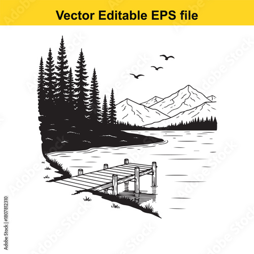 A serene black and white landscape featuring a wooden pier extending into a calm lake, surrounded by tall pine trees and majestic mountains, isolated on