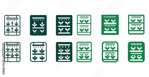 Vertical indoor garden icons in green and black variations