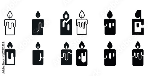 Set of 10 minimalist candle icons in black and white with dripping wax designs