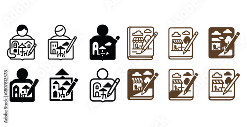 Black and brown icon set of artists with drawing pads and pencils