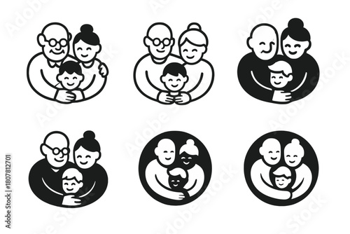 Family Connection Icons. Kids with their grandparents and elderly family members. Icon set. Set Logo of family connection: shared meal at table. harmonious