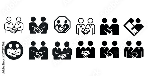 Diverse handshake icon set: business collaboration and partnership symbols