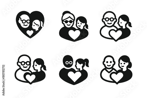 Family Connection Icons. Kids with their grandparents and elderly family members. Icon set. Set Logo of family connection: shared meal at table. harmonious